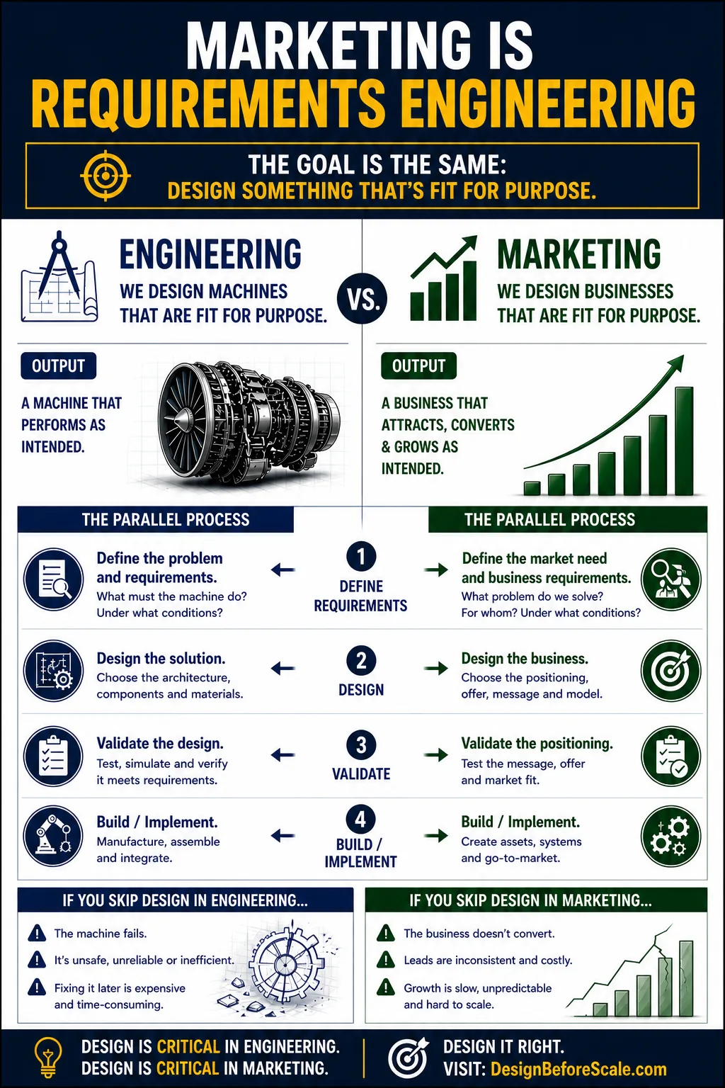 Infographic from the 5 May 2026 post: Marketing is Requirements Engineering, showing engineering and marketing following the same four-step design process.